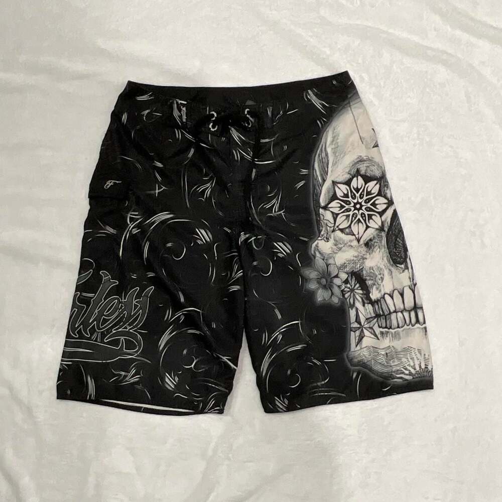 Fearless Skull Tattoo Board Shorts Cyber Y2K Goth Trunks Size 32